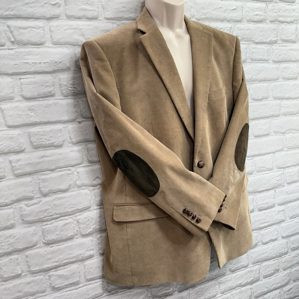 Vtg Chaps Corduroy Blazer Sport Coat 46R Elbow Patches Sport Coat Tan Suit Jacke